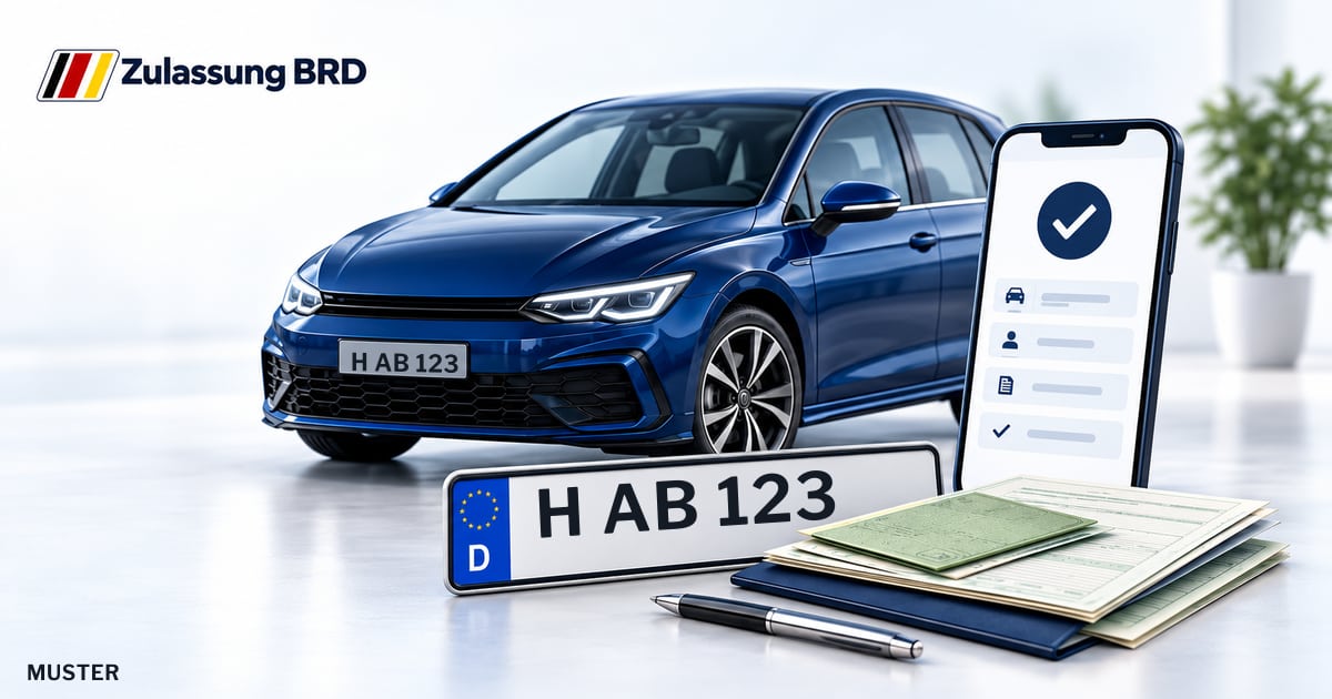 Online Fahrzeugzulassung in Barsinghausen: Musterkennzeichen H AB 123, Auto und Fahrzeugpapiere und Smartphone. Illustration mit Logo von Zulassung BRD.